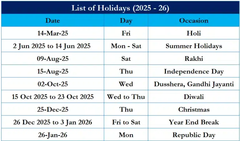 Aspirations Institute - Holidays List 2025-26