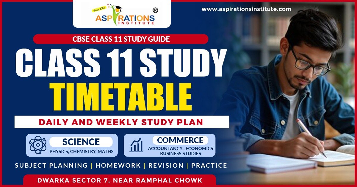 CBSE Class 11 study timetable with daily and weekly study plans for Science PCM and Commerce students, covering homework, revision and practice.
